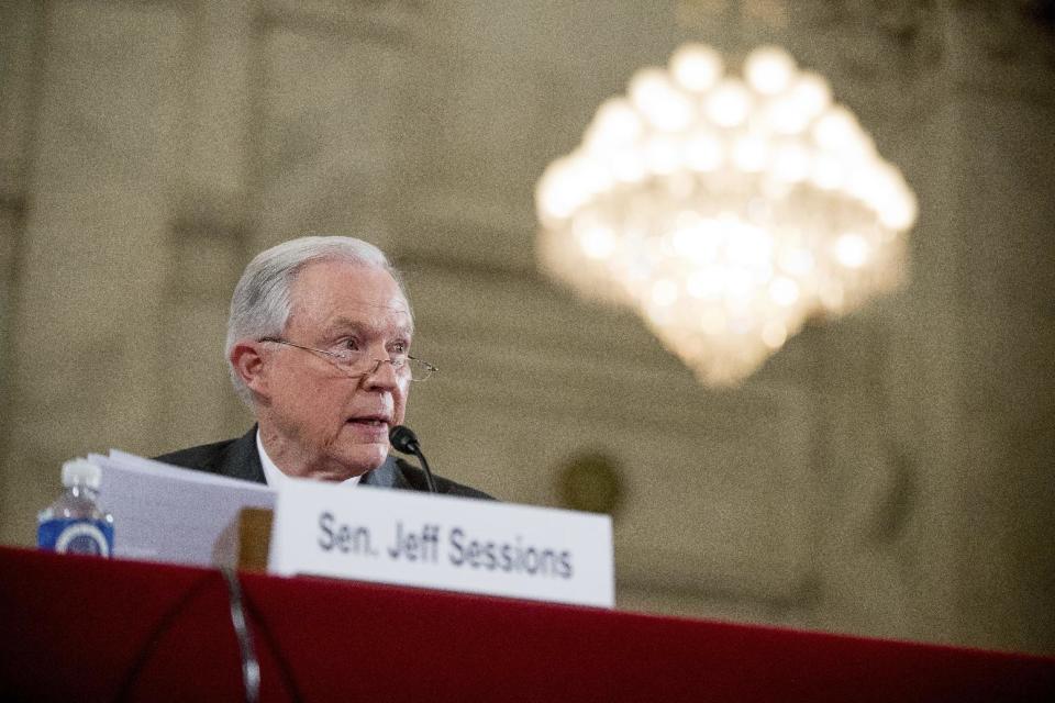 Attorney General-designate, Sen. Jeff Sessions, R-Ala. testifies on Capitol Hill in Washington, Tuesday, Jan. 10, 2017, at his confirmation hearing before the Senate Judiciary Committee. (AP Photo/Andrew Harnik)