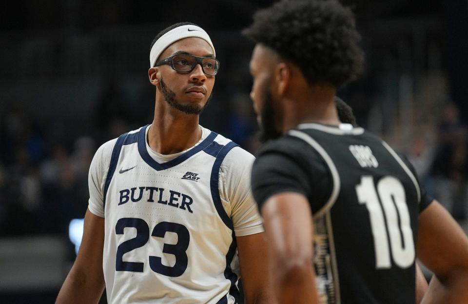 Butler Bulldogs center Andre Screen (23) looks to the crowd Tuesday, Dec. 19, 2023, at Hinkle Fieldhouse in Indianapolis. Butler defeated Georgetown, 74-64.