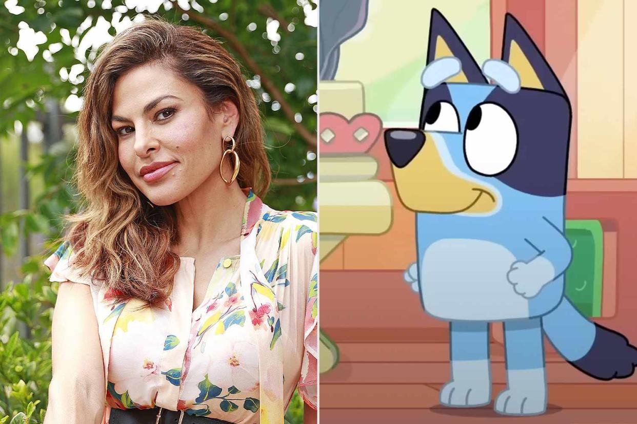 <p>Tim Hunter / Newspix via Getty; Bluey - Official Channel/Youtube</p> Eva Mendes and Bluey from the animated show 