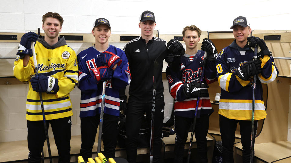 The NHL draft has a surefire top pick in Connor Bedard (second from right) but there's plenty of intrigue after that.  (Photo by Dave Sandford/NHLI via Getty Images)