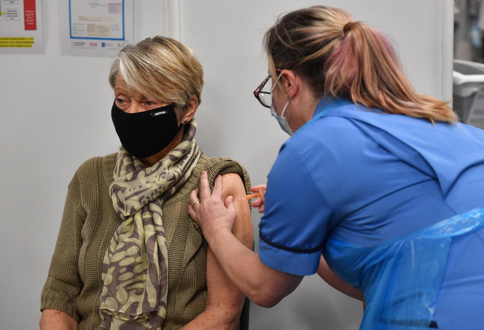 Rita Passey receives an injection of a Covid-19 vaccine at the NHS vaccine centre that has been set up at the Millennium Point centre in Birmingham. The centre is one of the seven mass vaccination centres now opened to the general public as the government continues to ramp up the vaccination programme against Covid-19.