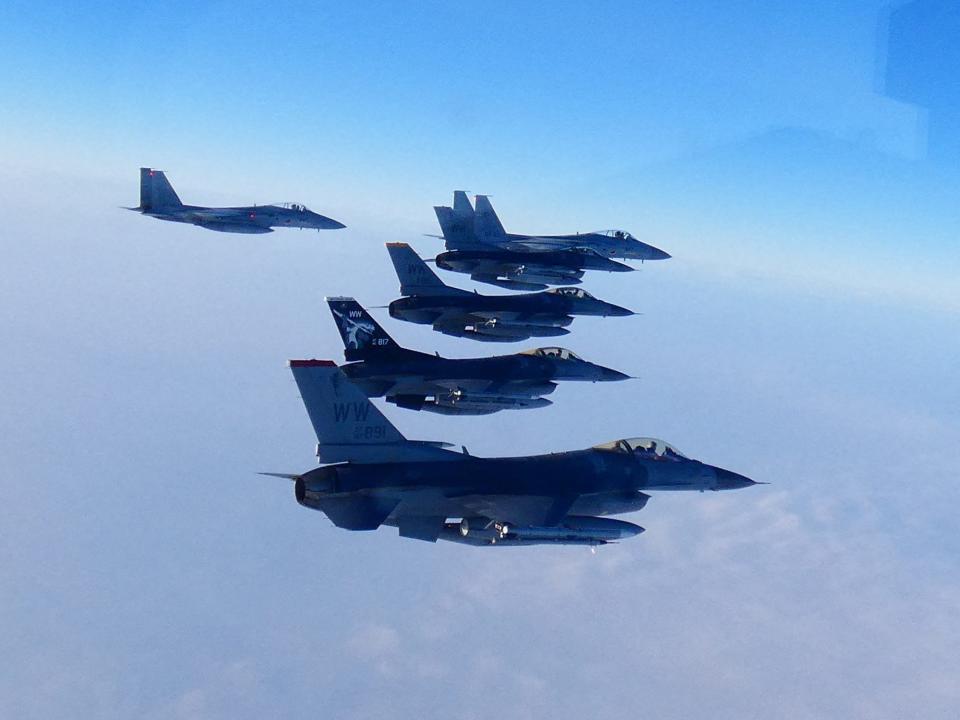 The 2nd Air Wing of Japan Air Self-Defense Force's F-15s fighters hold a joint military drill with US F-16s fighters at Sea of Japan in February 2023.