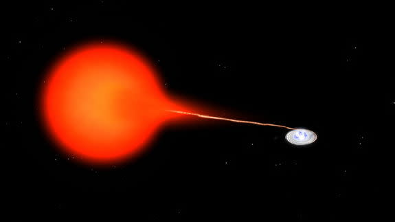 Artist's conception of SS Cygni double-star system, which includes a red-dwarf star (left) and a compact white-dwarf star, right. The binary stars are actually 372 light-years from Earth, much closer than the 520 light-years previously thought.