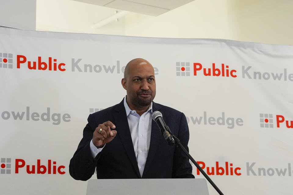 Chris Lewis, President and CEO of Public Knowledge, speaking about the Affordable and Connectivity Program, ACP, at the Shaw Library in Washington, Tuesday, April 30, 2024. Advocacy groups and policymakers are pushing for Congress to fully fund the ACP, because April 2024 marks the last month of full funding. (AP Photo/Pablo Martinez Monsivais)