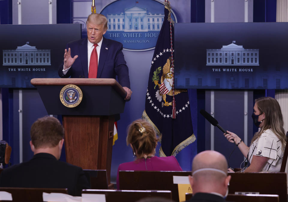 WASHINGTON, DC - AUGUST 10: U.S. President Donald Trump speaks during a news conference at the James Brady Press Briefing Room of the White House August 10, 2020 in Washington, DC. Trump tweeted earlier today that he will accept the Republican presidential nomination on August 27 either at the Civil War battlefield in Gettysburg, Pennsylvania, or at the White House. (Photo by Alex Wong/Getty Images)