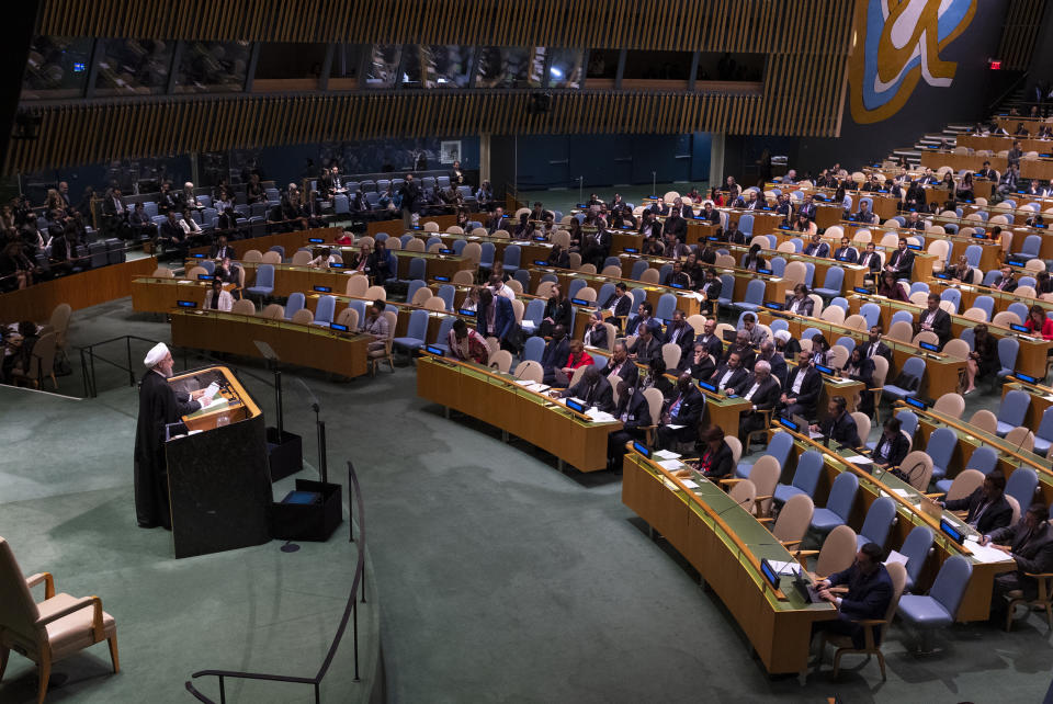 Iran's President Hassan Rouhani addresses the 74th session of the United Nations General Assembly, Wednesday, Sept. 25, 2019. (AP Photo/Craig Ruttle)