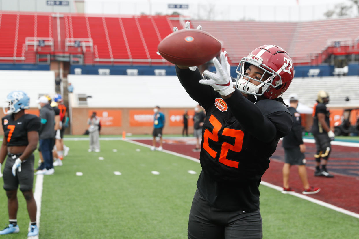 Najee Harris proved he can catch the ball at Alabama, but his receiving duties could be expanded even more with the Pittsburgh Steelers. (Photo by Senior Bowl/Collegiate Images/Getty Images)