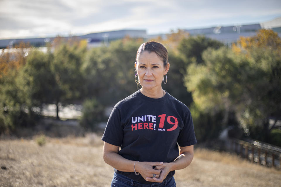 Erika Sanchez stands near one of the buildings in Sunnyvale, Calif., where she worked until recently losing her job. (John Brecher / for NBC News)