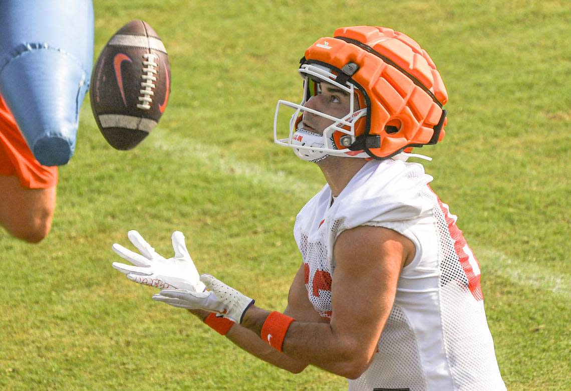 Clemson wide receiver Clay Swinney (88) catches a ball on a punt return drill during August practice in Clemson, S.C. Friday August 2, 2024.