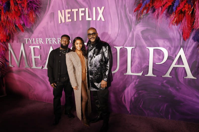 Trevante Rhodes, Kelly Rowland and Tyler Perry, from left to right, attend the New York premiere of "Mea Culpa" on Thursday. Photo by John Angelillo/UPI