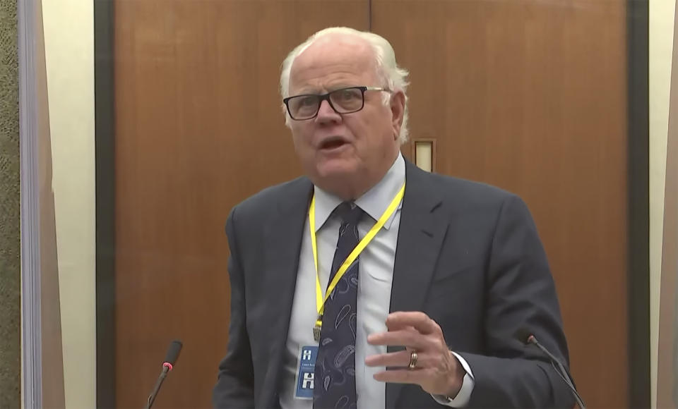 In this screen grab from video, defense attorney Earl Gray, questions a potential juror and Hennepin County Judge Regina Chu presides over jury selection Tuesday, Nov. 30, 2021, in the trial of former Brooklyn Center police Officer Kim Potter in the April 11, 2021, death of Daunte Wright, at the Hennepin County Courthouse in Minneapolis, Minn. (Court TV via AP, Pool)