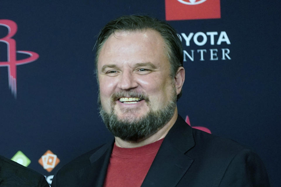 FILE - This is a July 26, 2019, file photo showing Houston Rockets General Manager Daryl Morey during an NBA basketball news conference, in Houston. Rockets general manager Daryl Morey is stepping down on his own accord, a person familiar with the decision told The Associated Press. The person spoke on condition of anonymity Thursday, Oct. 15, 2020, because the move hasn’t been announced.(AP Photo/David J. Phillip)
