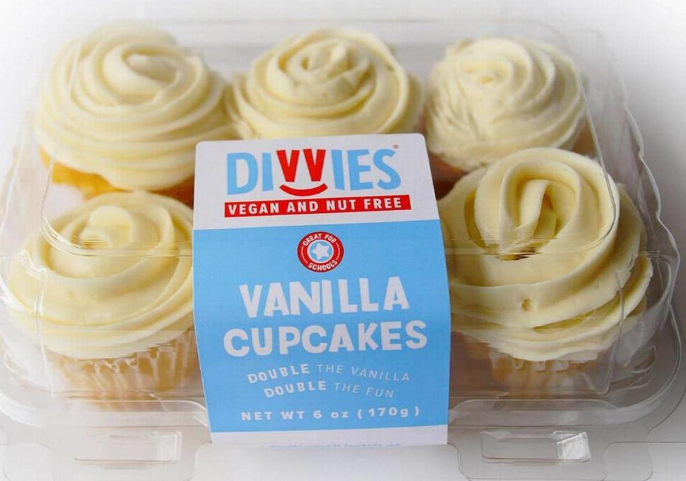 Divvies Vanilla Cupcakes with Vanilla Icing.