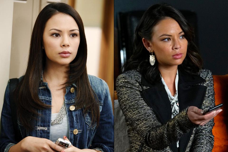 Janel Parrish as Mona Vanderwaal in Season 1 (left) and Season 7 (right)