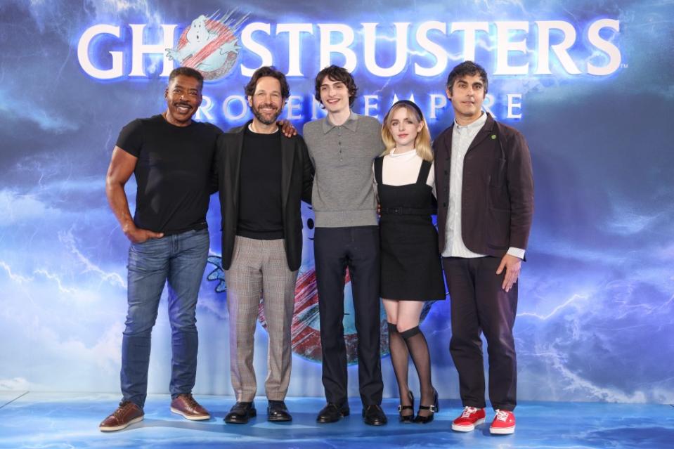 Ernie Hudson, Paul Rudd, Finn Wolfhard, McKenna Grace and director Gil Kenan at a photo call for “Ghostbusters: Frozen Empire” in London on March 21, 2024. Vianney Le Caer/Invision/AP