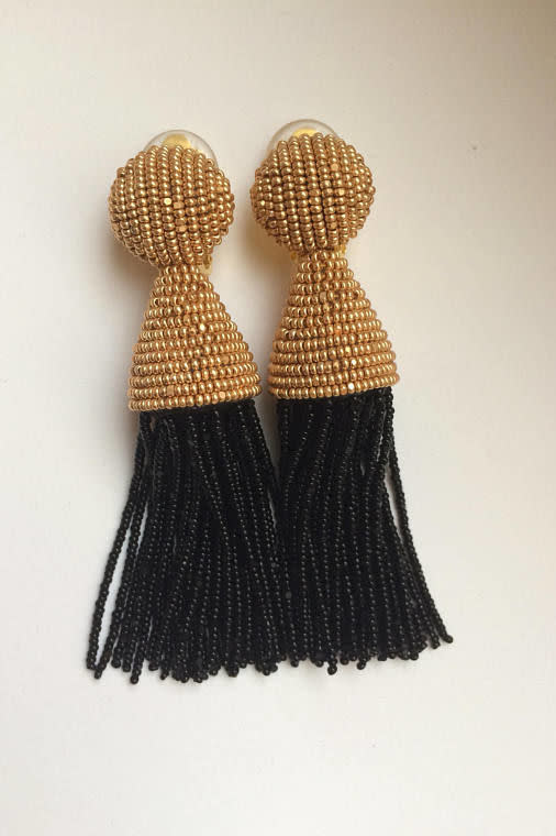 Black and Gold Short Beaded Tassel Clip-On Earrings