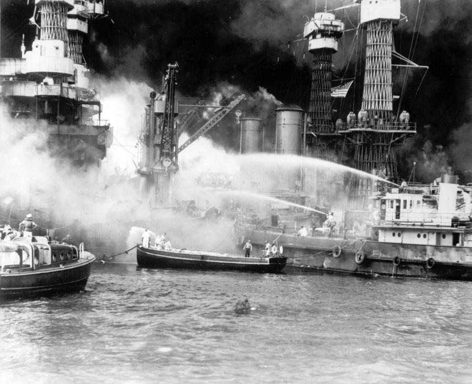 <p>The battleship USS West Virginia is seen afire after the Japanese surprise attack on Pearl Harbor, Hawaii, on December 7, 1941. (AP Photo) </p>