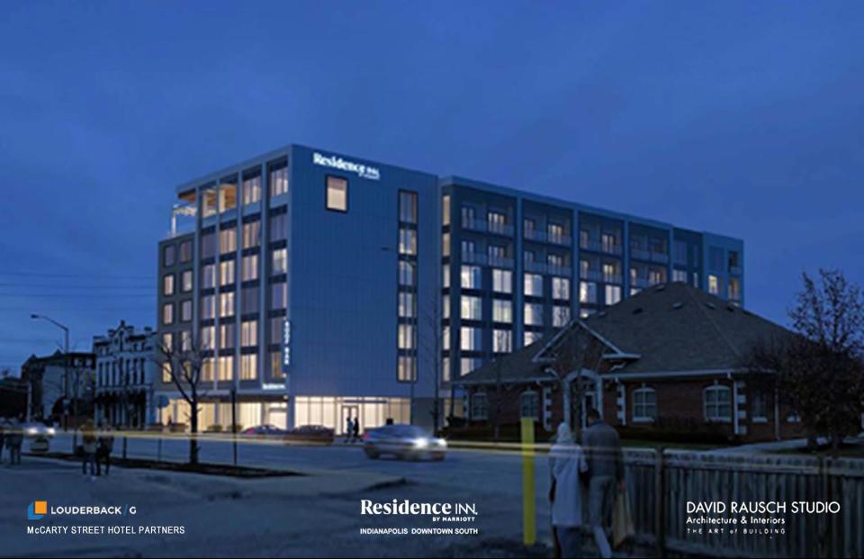This architectural drawing depicts the proposed Residence Inn by Marriott. The hotel with apartments and a rooftop restaurant and bar would be constructed on South Meridian Street across from Shapiro's Delicatessen.