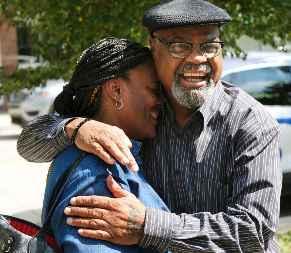 Glynn Simmons, a former death row inmate recently released after 48 years in prison, embraces his cousin, Cecilia Hawthorne. Simmons saw his murder case dismissed officially on Tuesday. He held a news conference with his attorneys on Wednesday outside of the Oklahoma County Courthouse.