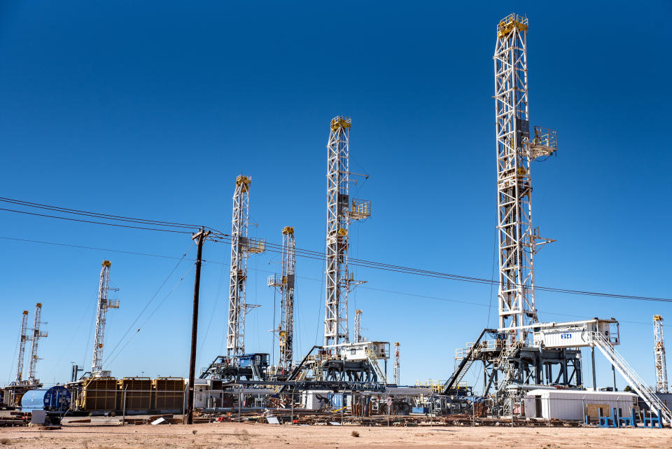 Oil rigs in the Permian Basin area of Odessa, Texas. Exxon Mobil plans to double&nbsp;its production in the Permian Basin to 1 million barrels per day over the next five years. (Photo: Sergio Flores/Bloomberg via Getty Images)