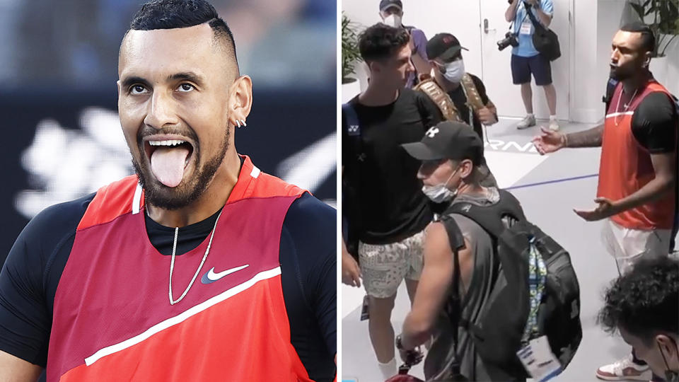 Nick Kyrgios says the trainer and coach of men's doubles top seeds Nikola Mektic and Mate Pavic accosted he and Thanasi Kokkinakis behind the scenes on Friday evening. Pictures: Getty Images/Channel 9