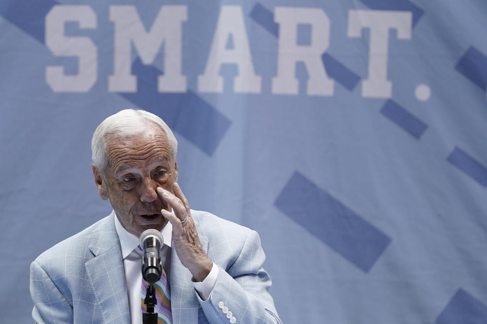 North Carolina Head Basketball Coach Roy Williams speaks with members of the media during a news conference, Thursday, April 1, 2021, in Chapel Hill, N.C. Williams is retiring after 33 seasons and 903 wins as a college basketball head coach. The Hall of Fame coach led the University of North Carolina to three NCAA championships in 18 seasons as head coach of the Tar Heels. (AP Photo/Gerry Broome)