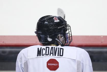 ST CATHARINES, ON - DECEMBER 15: Connor McDavid #17 sits on the bench during the Canada National Junior Team practice at the Meridian Centre on December 15, 2014 in St Catharines, Ontario, Canada. (Photo by Vaughn Ridley/Getty Images)