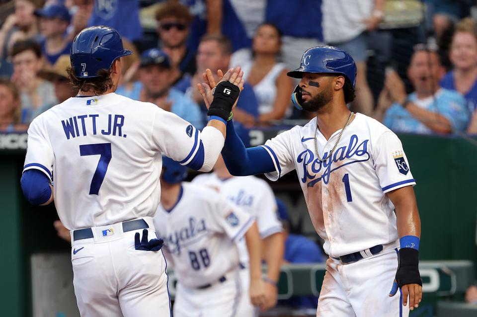 Royals shortstop Bobby Witt Jr. is congratulated by catcher MJ Melendez after scoring during the second inning of Game 2 of a doubleheader against the Tigers on Monday, July 11, 2022, in Kansas City, Missouri.