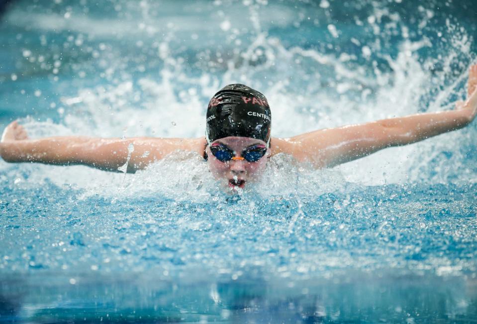 Central’s Gentry Hagedorn competes in the 100 yard butterfly in the 5A state championships on Saturday, Feb. 18, 2023 at Tualatin Hills Aquatic Center in Beaverton, Ore. Hagedorn won fourth place in the event.