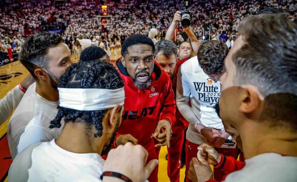 Miami Heat forward Udonis Haslem (40) speaks to teammates before the start of the game against the Boston Celtics in Game 6 of the Eastern Conference finals at Kaseya Center in Miami on May 27, 2023.