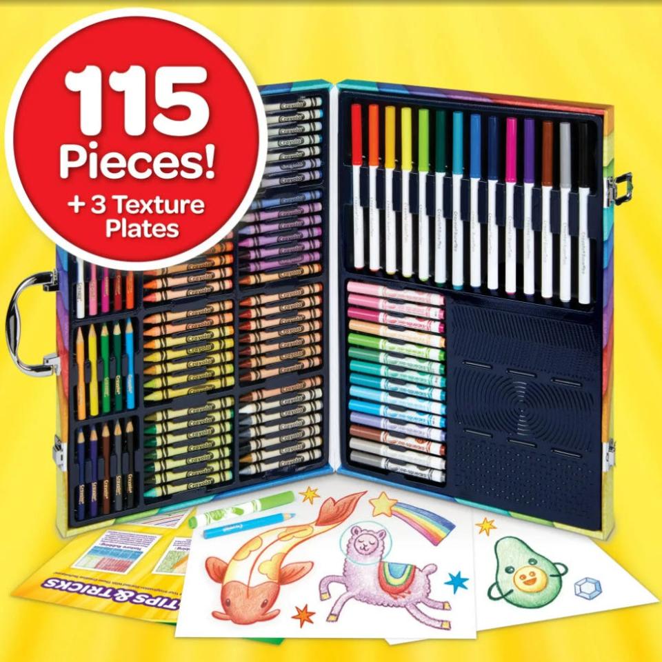 open set of 115 pieces of various colored crayons, markers and colored pencils