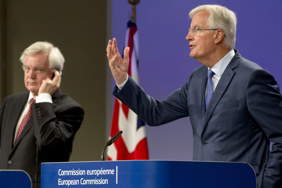 European Union chief Brexit negotiator Michel Barnier, right, is making little progress with Britain’s David Davis (AP Photo/Virginia Mayo)