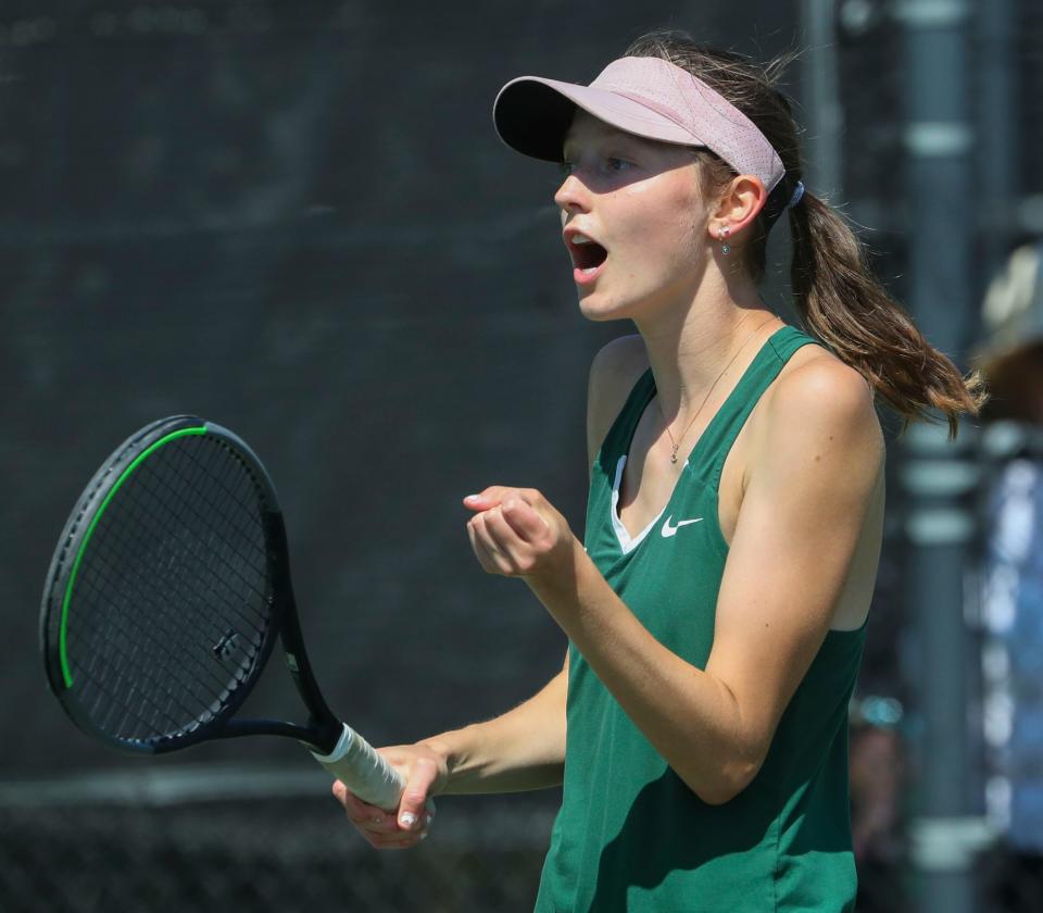 Tower Hill's Ava Emrich reacts to a point in the first set as she eventually drops the first singles title match in three sets to Wilmington Friends' Aubrey Nisbet during the DIAA state tennis championships at St. Andrew's School, Thursday, May 25, 2023.