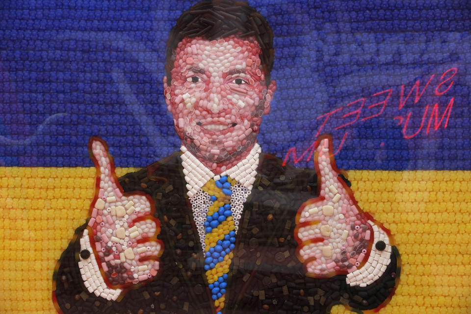 A portrait of Ukrainian presidential candidate and popular comedian Volodymyr Zelenskiy made of candies is displayed at the Sweet Museum in St.Petersburg, Russia, Friday, April 19, 2019. The second round of the presidential vote in Ukraine will take place on April 21. (AP Photo/Dmitri Lovetsky)
