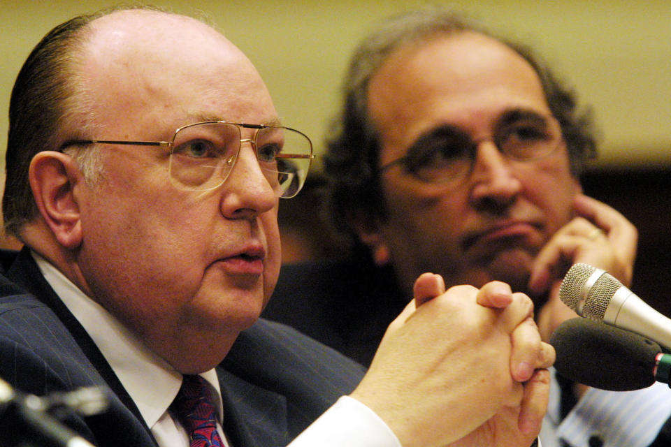 <p>Fox News chairman and CEO Roger Ailes, left, speaks as NBC News President Andrew Lack listens during a hearing on 2000 election-night coverage before a House committee, explaining mistaken calls by the networks and promising changes to prevent further errors. (Photo: Alex Wong/Newsmakers) </p>