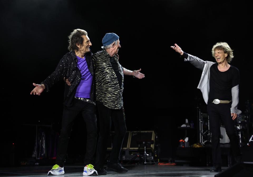 Ronnie Wood, Keith Richards and Mick Jagger take a bow at the opening night of their 2024 tour at NRG Stadium in Houston April 28, 2024.