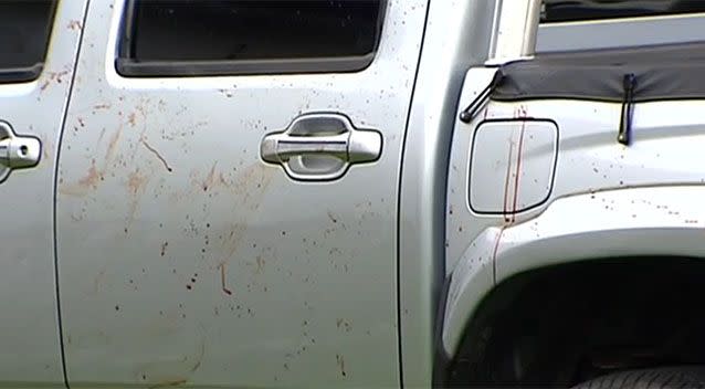 Blood spatters covered a car photographed at the alleged crime scene. Photo: 7 News