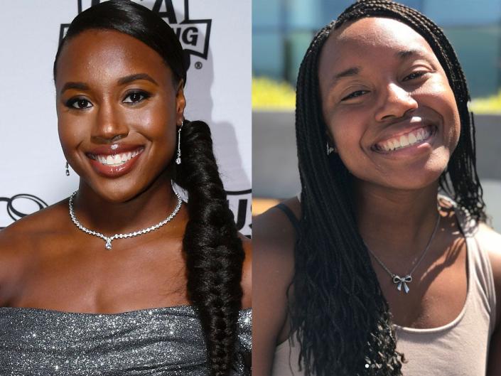 Simone Manuel with makeup (left) and the athlete without makeup (right).