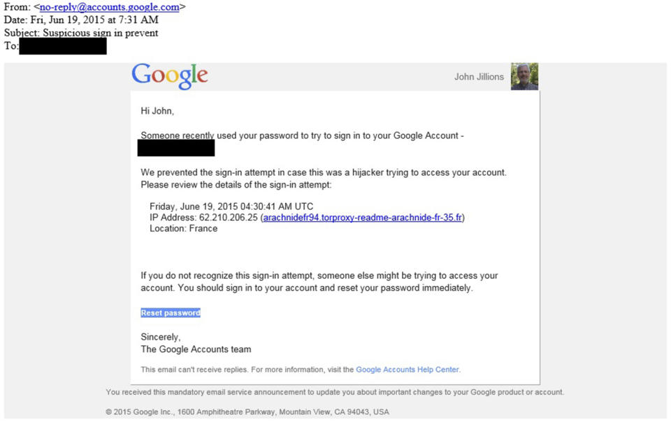 This image shows a portion of a June 2015 phishing email sent to John Jillions, the chancellor of the Orthodox Church in America. Although designed to look like it came from Google, an examination of the email using data supplied by the cybersecurity firm Secureworks shows that it was sent by the group of hackers indicted in July 2018 by the United States. Parts have been redacted to protect sensitive information. (AP Photo)