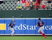 Aug 11, 2018; Baltimore, MD, USA; Boston Red Sox outfielder Jackie Bradley Jr. (19) catches a fly ball to record the final out to defeat the Baltimore Orioles 5-0 at Oriole Park at Camden Yards. Mandatory Credit: Evan Habeeb-USA TODAY Sports