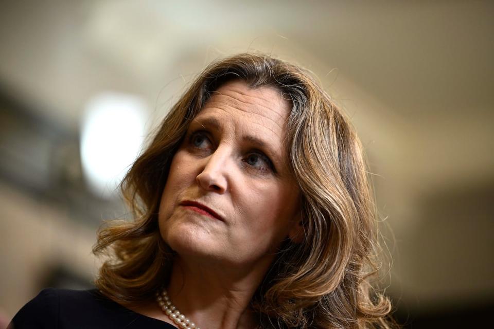 Deputy Prime Minister and Minister of Finance Chrystia Freeland participates in a TV interview after tabling the federal budget on Parliament Hill in Ottawa, on Tuesday, April 16, 2024.