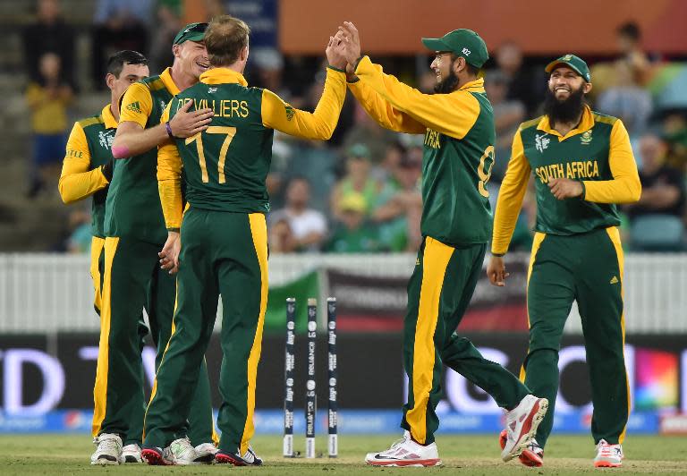 South Africa's AB de Villiers celebrates with teammates during the 2015 Cricket World Cup Pool B match between Ireland and South Africa in Canberra on March 3, 2015