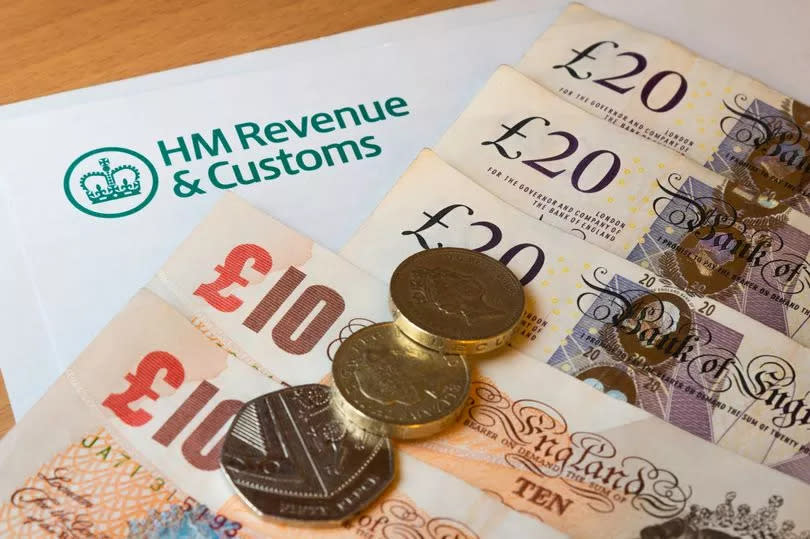 A HMRC (Her Majesty's Revenue and Customs) letter head surrounded by British bank notes and coins.