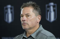 Vegas Golden Knights head coach Bruce Cassidy listens during a news conference ahead of the NHL Stanley Cup hockey final Friday, June 2, 2023, in Las Vegas. (AP Photo/John Locher)