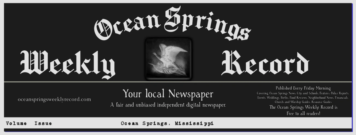 The masthead of the recently launched Ocean Springs Weekly Record website.