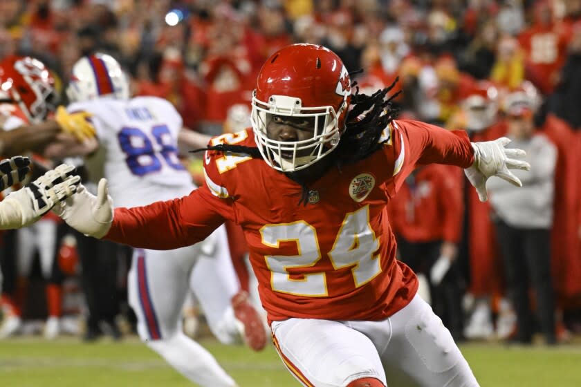 The Chiefs' Melvin Ingram III rushes the passer against the Bills on Jan. 23, 2022, in Kansas City, Mo.