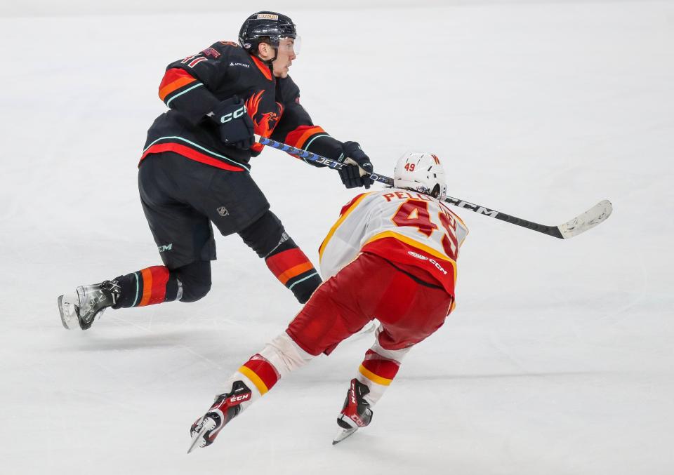 Ryker Evans gets the winning goal in the third overtime for the Coachella Valley to beat the Calgary Wranglers during Game 3 of their AHL playoff game at Acrisure Arena in Palm Desert, Calif., May 15, 2023. 