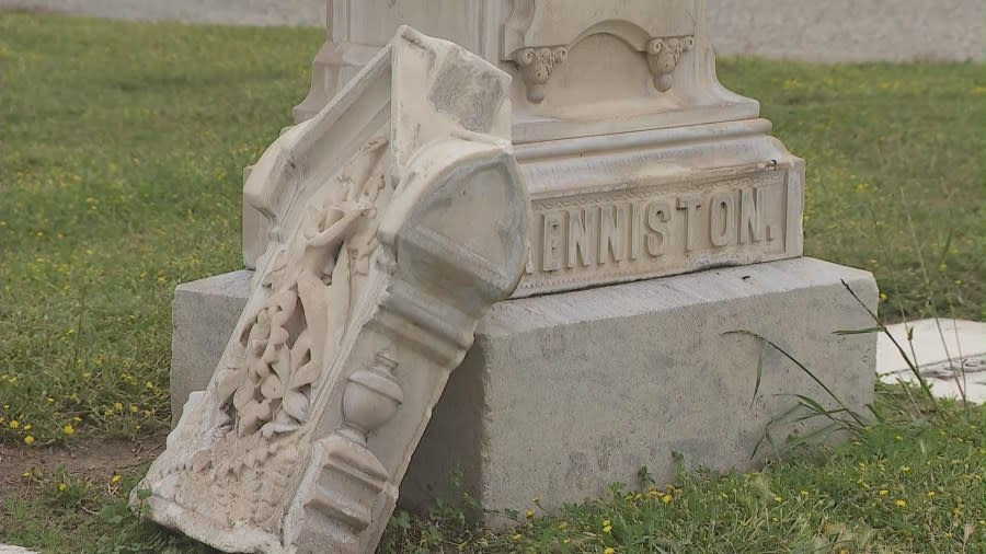 Damaged headstones at Pioneer Memorial Cemetery in San Bernardino, California. (KTLA)