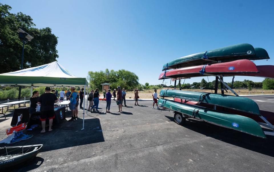 A group from Tuolumne River Trust paddled from Gateway Park to the newly opened Neece Drive Boat Launch in Tuolumne River Regional Park in Modesto, Calif., Friday, May 10, 2024.