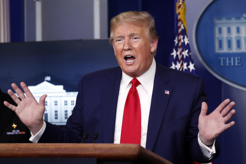 President Donald Trump speaks about the coronavirus in the James Brady Press Briefing Room of the White House, Monday, April 20, 2020, in Washington. (AP Photo/Alex Brandon)